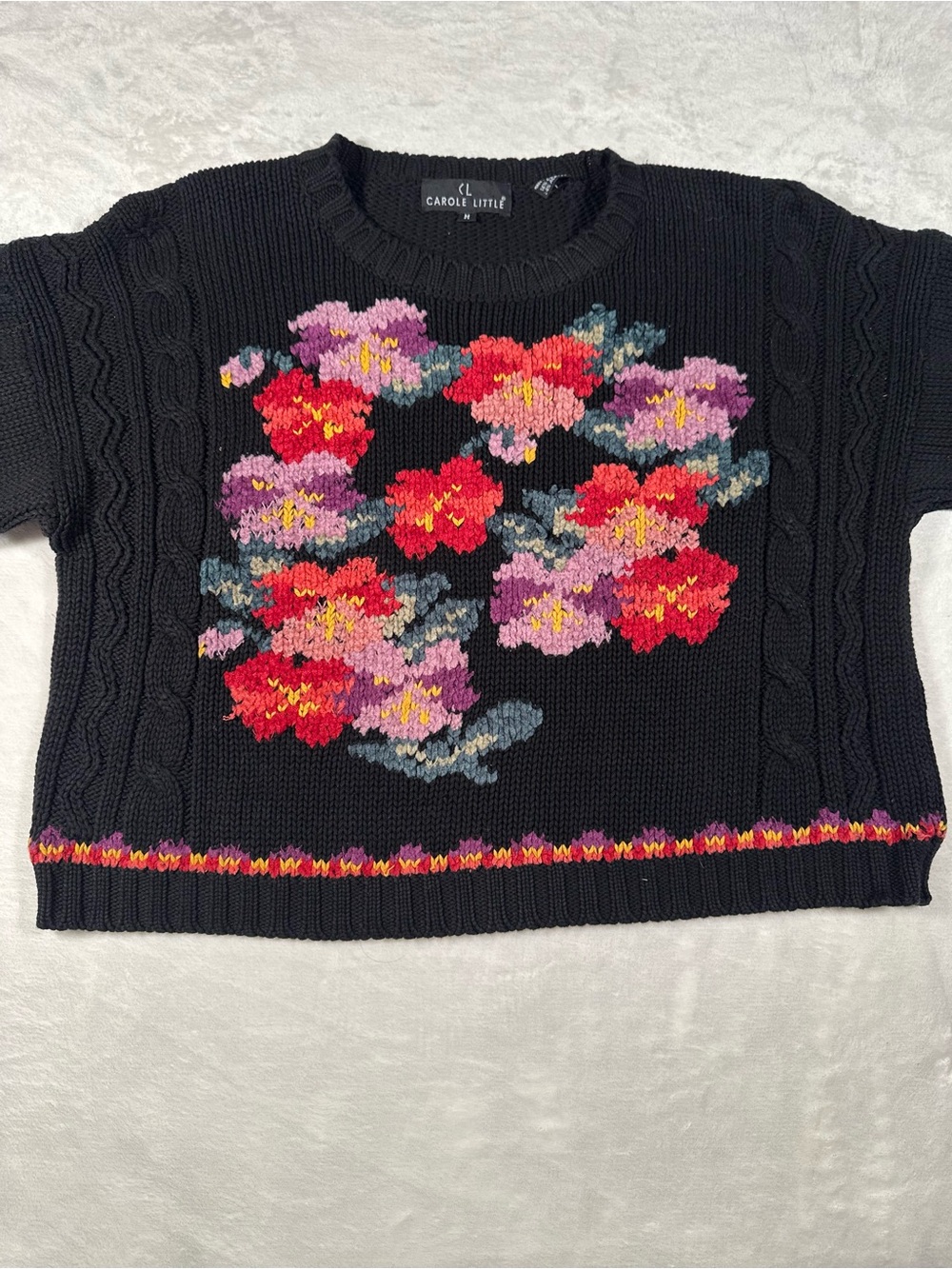 Carole Little Black Crewneck Sweater with Red and Pink Floral Intarsia